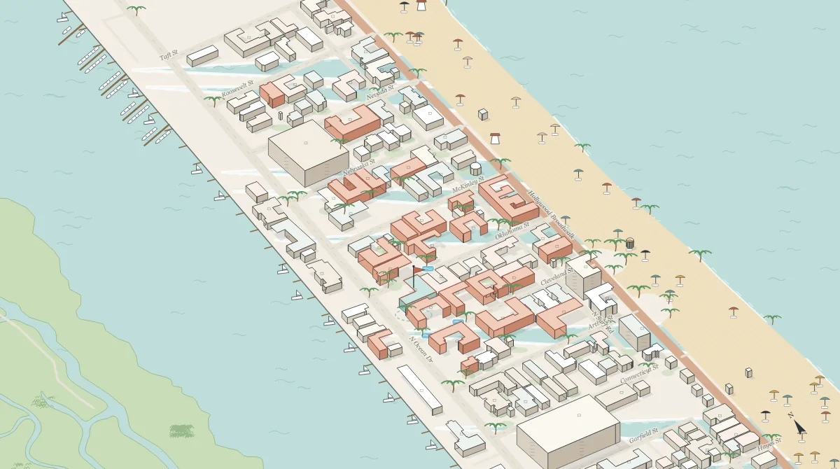 Hand-illustrated Property Map of Hollywood Beach Hotels: 23 named hotels along the Broadwalk between the Intracoastal and the Atlantic