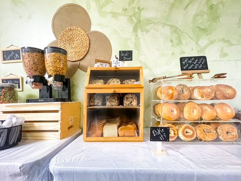 A fresh continental breakfast spread at Casa Pellegrino